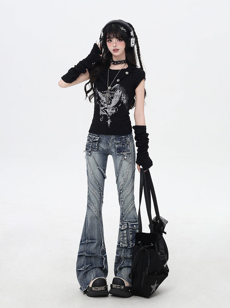 ブルー ローライズ 切りっぱなし裾 フェードウォッシュ フレア カーゴジーンズ Y2K