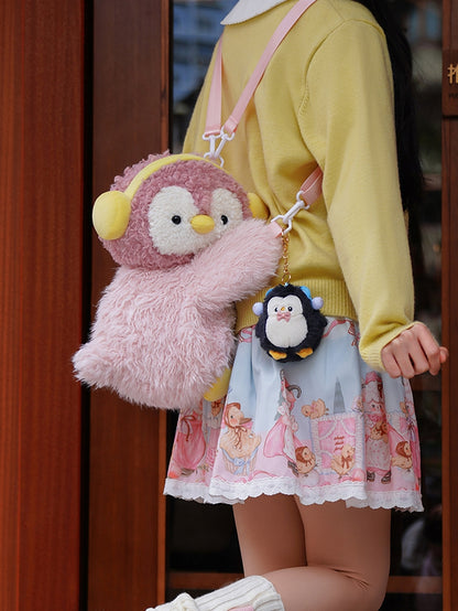 Schlüsselanhänger-Plüschtasche + süßer Pinguin, mittlere/große rosa Rucksack-/Crossbody-Größe