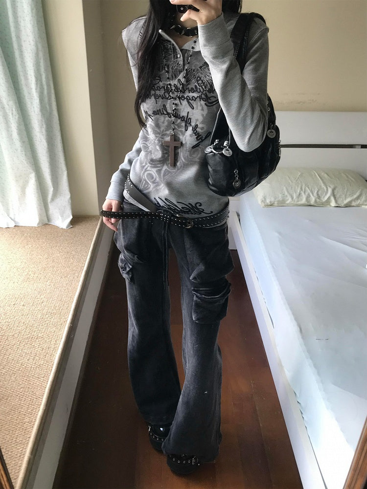 Neck Henley Top Print Tribal Letter Vintage Embroidery with Gray