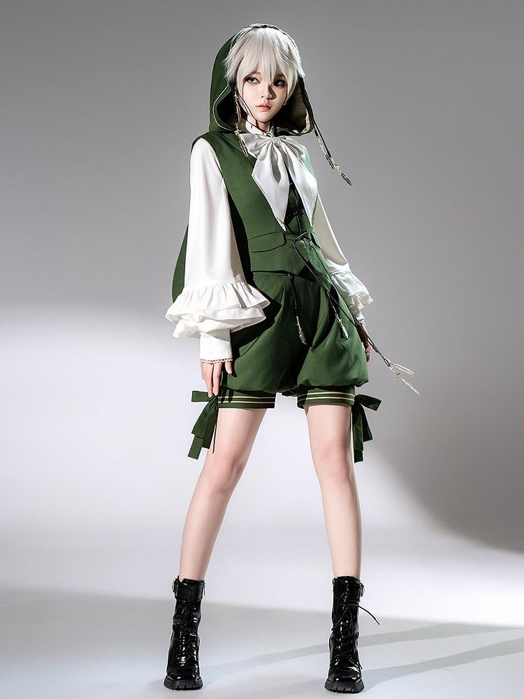 Feder mit Weste-Charme, grüne Schnüre, Kapuze, silberne Prinz-Lolita-Ohren, übergroßer Ouji-Hase