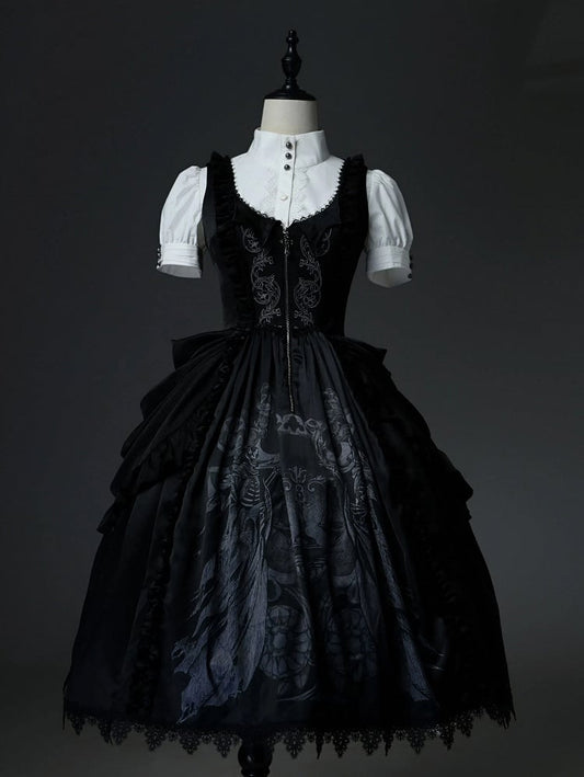 Grim Detachable Reaper and Print Bows Black Dress Waist at Scale Gothic with Lolita