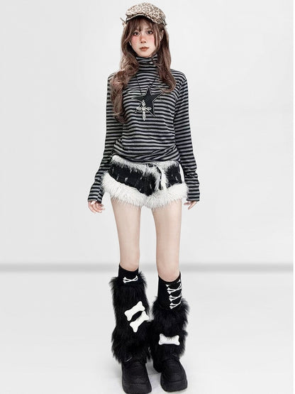 Black Striped Neck Long Star Pattern Gothic with High Top Applique Sleeves
