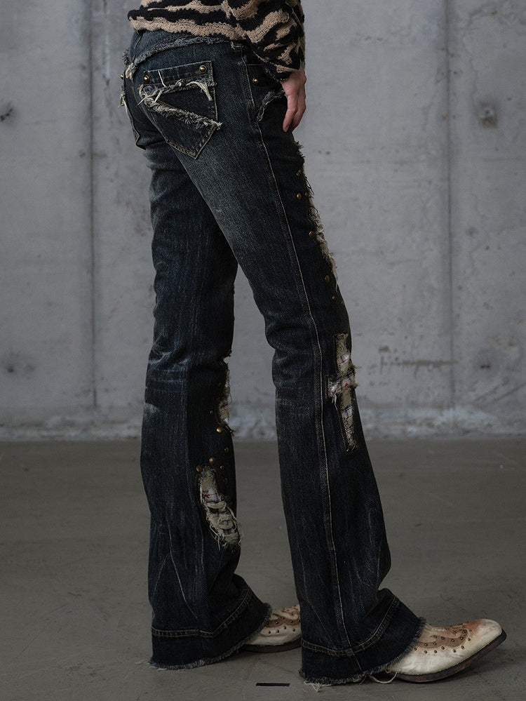 Karierte Distressed Patches Jeans Saum Punk mit ausgefranstem Black Wash Cross