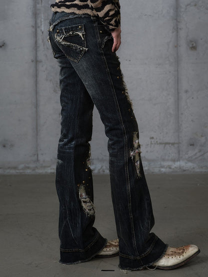 Karierte Distressed Patches Jeans Saum Punk mit ausgefranstem Black Wash Cross