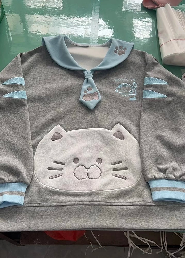 with Aesthetic Collar Girl Blue Soft Sweatshirt Cat-Ear Gray Embroidery Sailor Angel Kitten