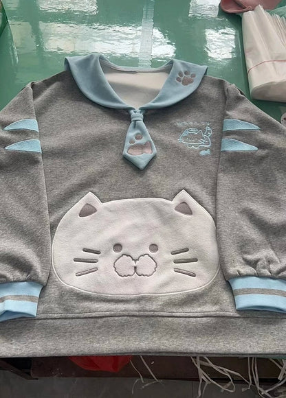 with Aesthetic Collar Girl Blue Soft Sweatshirt Cat-Ear Gray Embroidery Sailor Angel Kitten