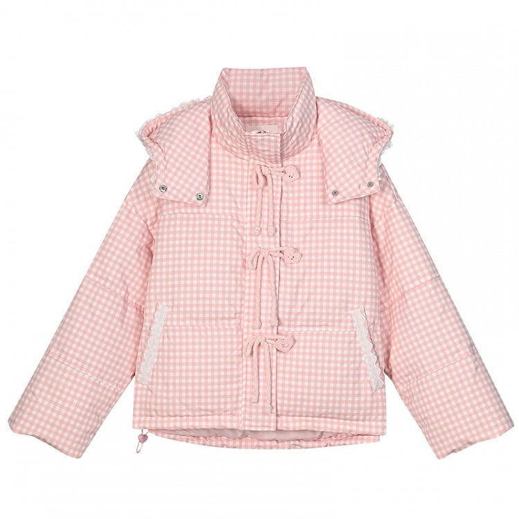 Pink Plaid Hooded Down Sweetheart Button Jacket