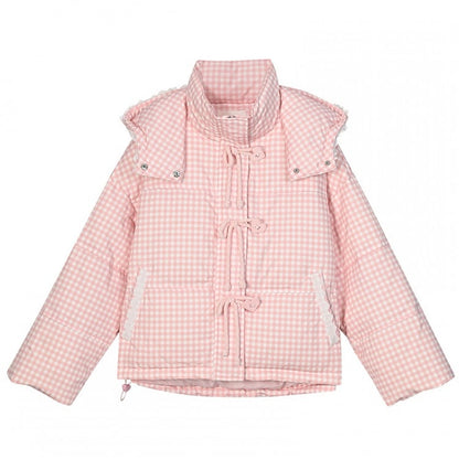 Pink Plaid Hooded Down Sweetheart Button Jacket