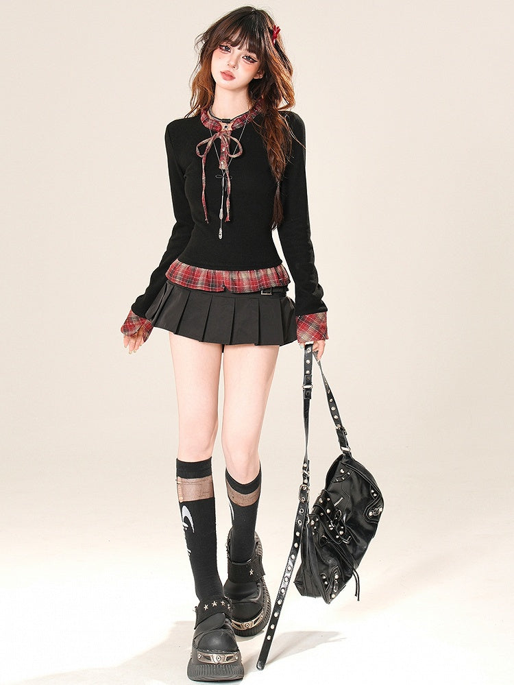 Muster Top Ärmel Plaid Lange Rüschen Schwarz Glamourös Bittersüß Trim