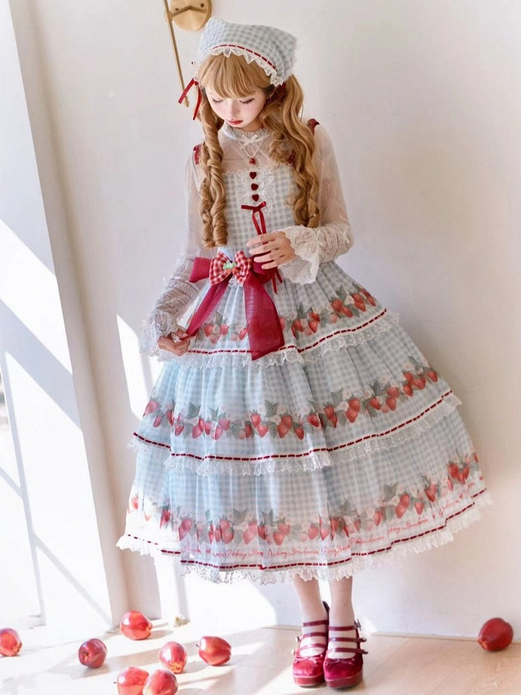Strawberry Print Blue Lolita Gingham Dress Sweet Summer Lolita Jumper Skirt
