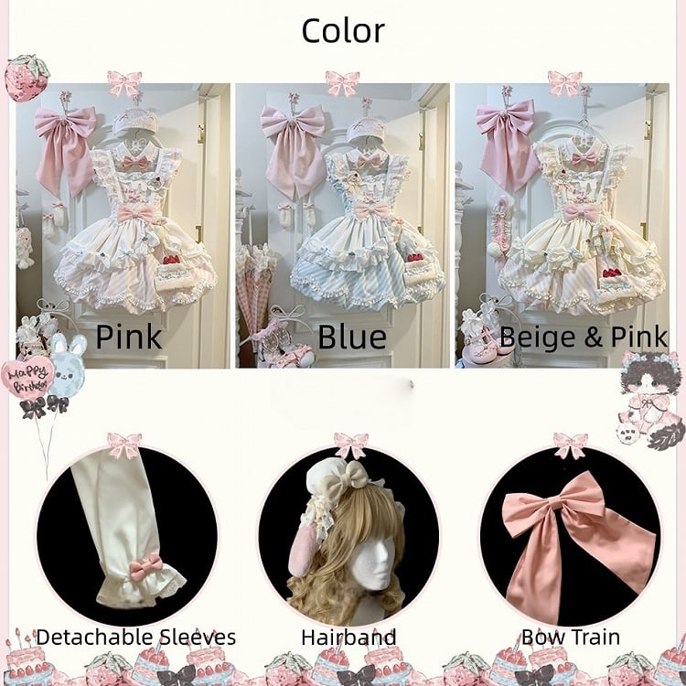 Beige Hairband Apron Full OP Sleeves Pink Skirt with Stripe Cake Dress Decor Adorable Bubble Brooch Bow Puppy + Lolita Set Train Detachable