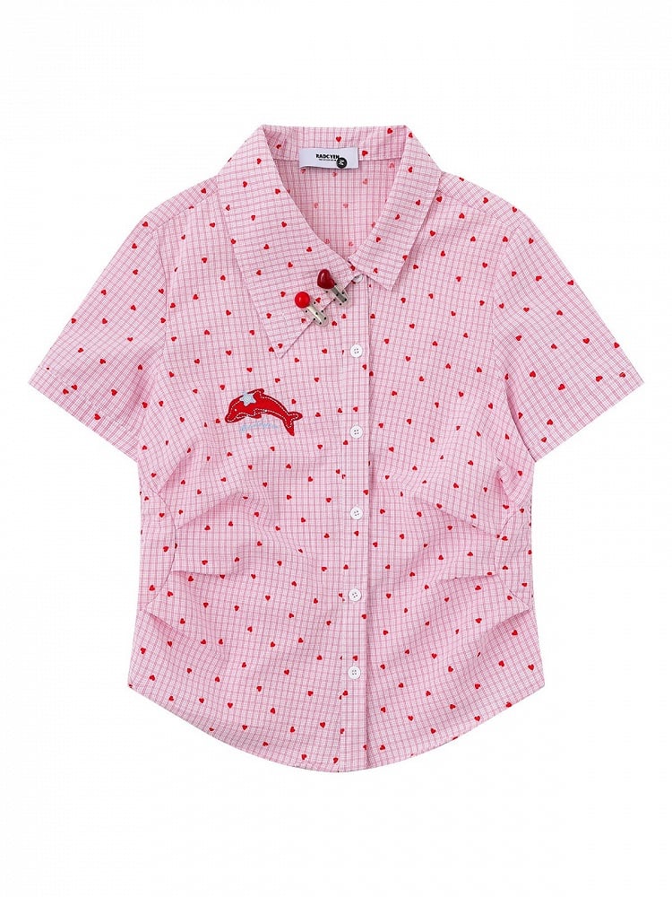 Heart Print Pink Asymmetrical Dolphin Embroidered Shirt - Languid Park