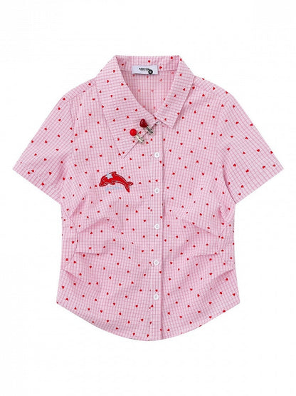 Heart Print Pink Asymmetrical Dolphin Embroidered Shirt - Languid Park