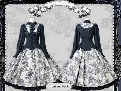 Piece Animals Lolita White Print Long-Sleeve One Dark Elegant Blue Forest