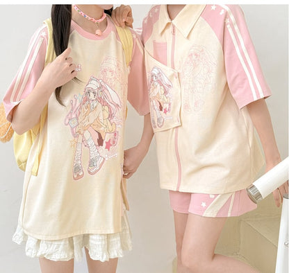 Beige and Pink Colorblock Design Shirt Anime Print Zip Bittersweet Closure Y2K