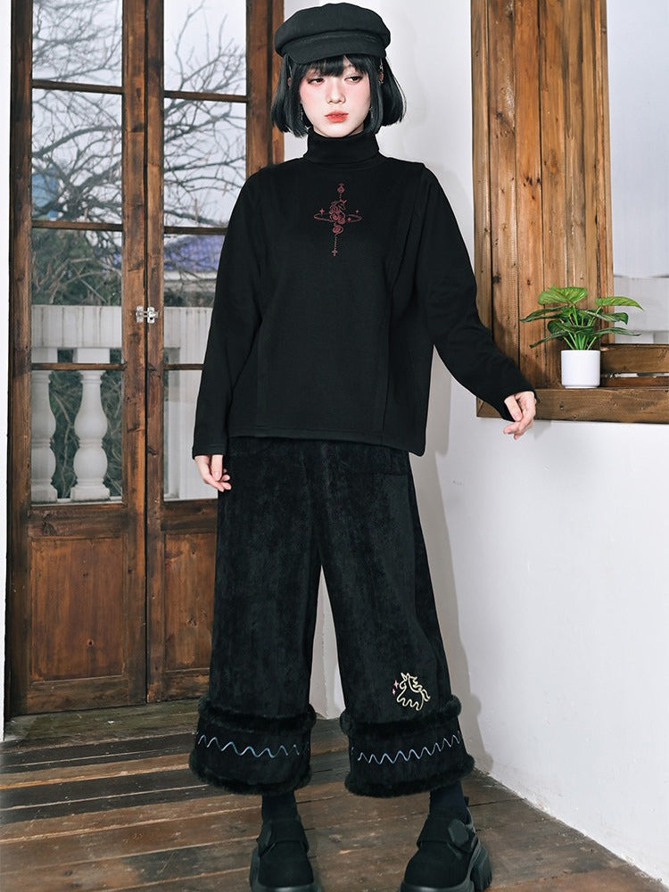Unicorn Print Black Turtleneck Long Sleeve Top for Spring Autumn - Quirky Hut