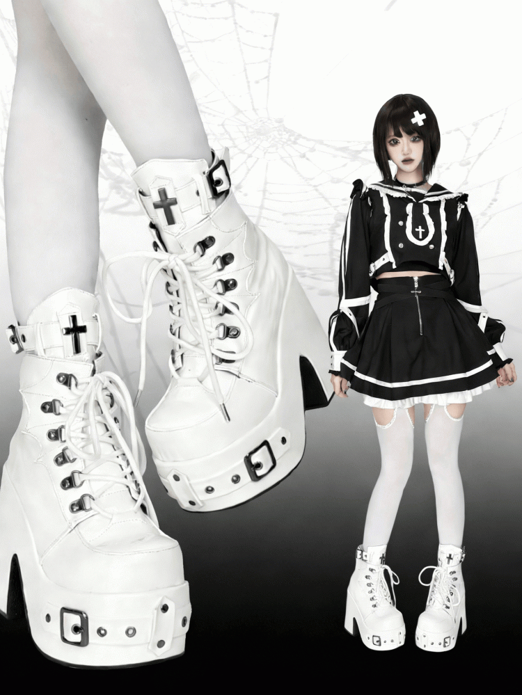 White Gothic Platform 12CM High Heel Boots with Buckle & Spiderweb Design - Transfer Student