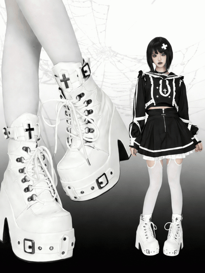White Gothic Platform 12CM High Heel Boots with Buckle & Spiderweb Design - Transfer Student