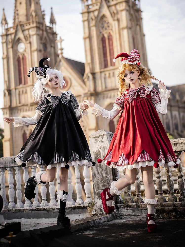 Lolita Panel OP Juliette + Belt Clowncore Stripes Bow Waist Dress Black - Sleeves KC Printed Detachable Set