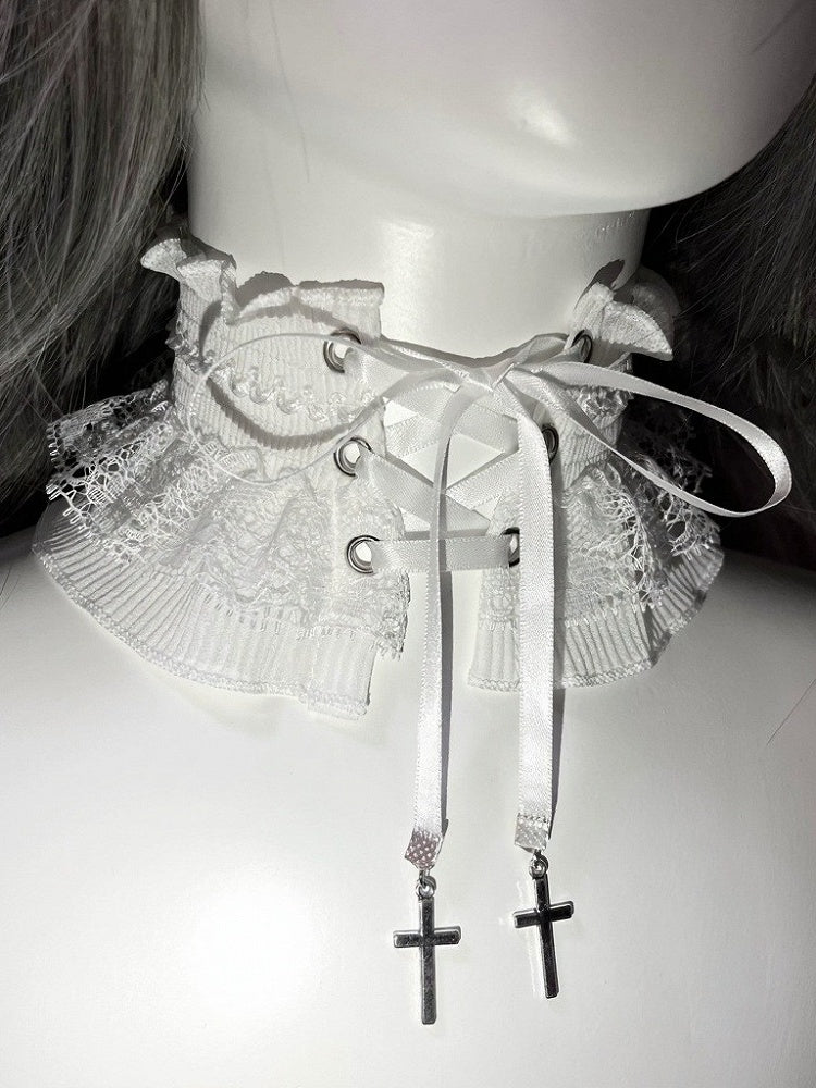 Dual Color Lace Strap Choker with Cross - Magic Diary