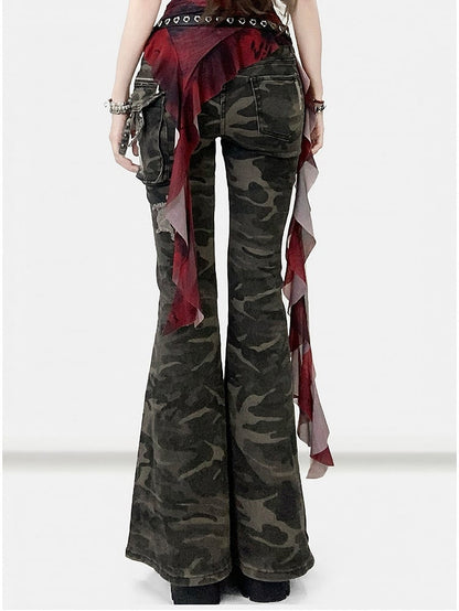 Holes Flare Jeans Camo Green Silhouette Details Pattern Distressed Army