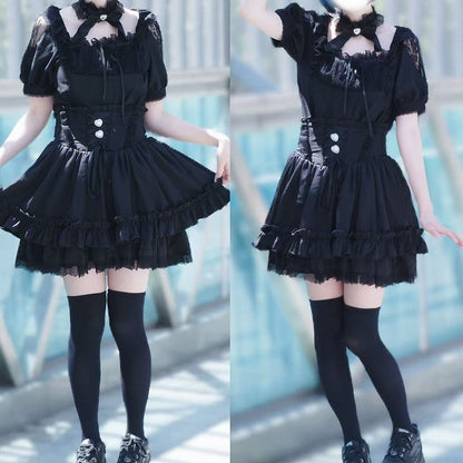 Shoulder Square Black Set: Color Corset Jirai Kei + Blouse Skirt Lace-Up Neck Style Cutout All