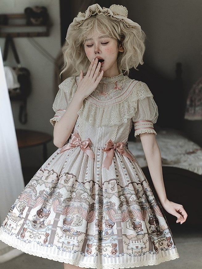 Dress Printed Bear Lolita Lace-Trimmed with Sweet Beige Accents Bow
