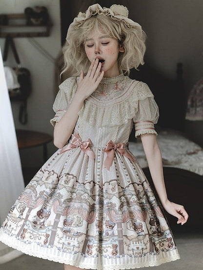 Dress Printed Bear Lolita Lace-Trimmed with Sweet Beige Accents Bow