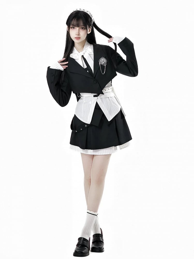 ブラックボックスプリーツスカート ホワイトストライプ パッチワークデザイン