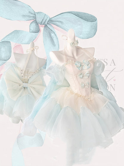 Grünes Mieder-Korsett-Oberteil mit Schleifenverzierung und bauschigem Rock, gelbes Balletcore-Set