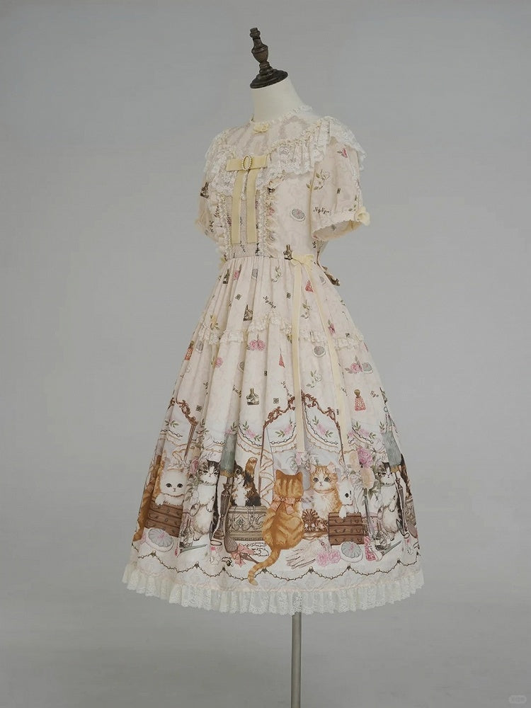 Beige Cat Print Round Neck Sweet Lolita Dress with Lace Trim - NyaNya