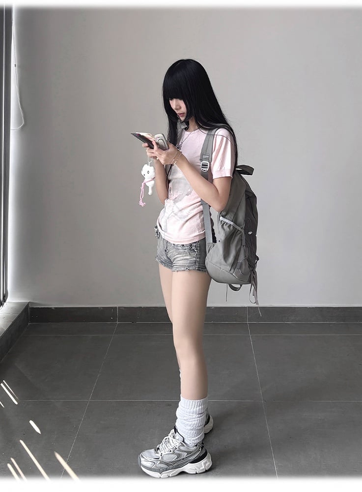 ネックBJDドールプリントスリムフィットTシャツピンクラウンド