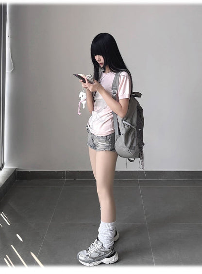 ネックBJDドールプリントスリムフィットTシャツピンクラウンド