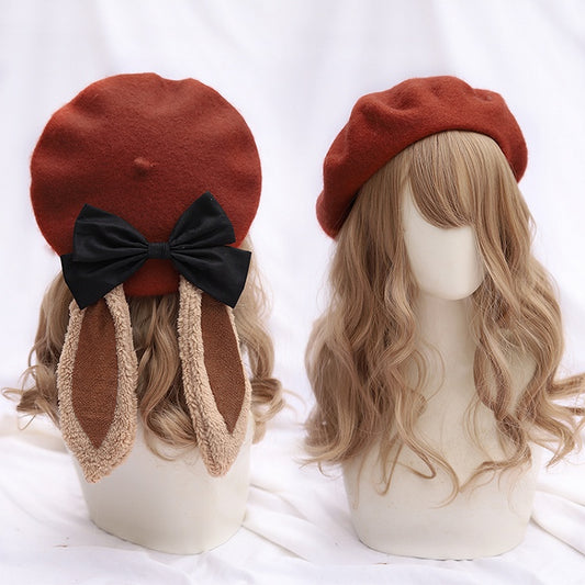 Sweet Bow Options With Bunny Color Coffee 6 Ear Detachable Lolita Beret