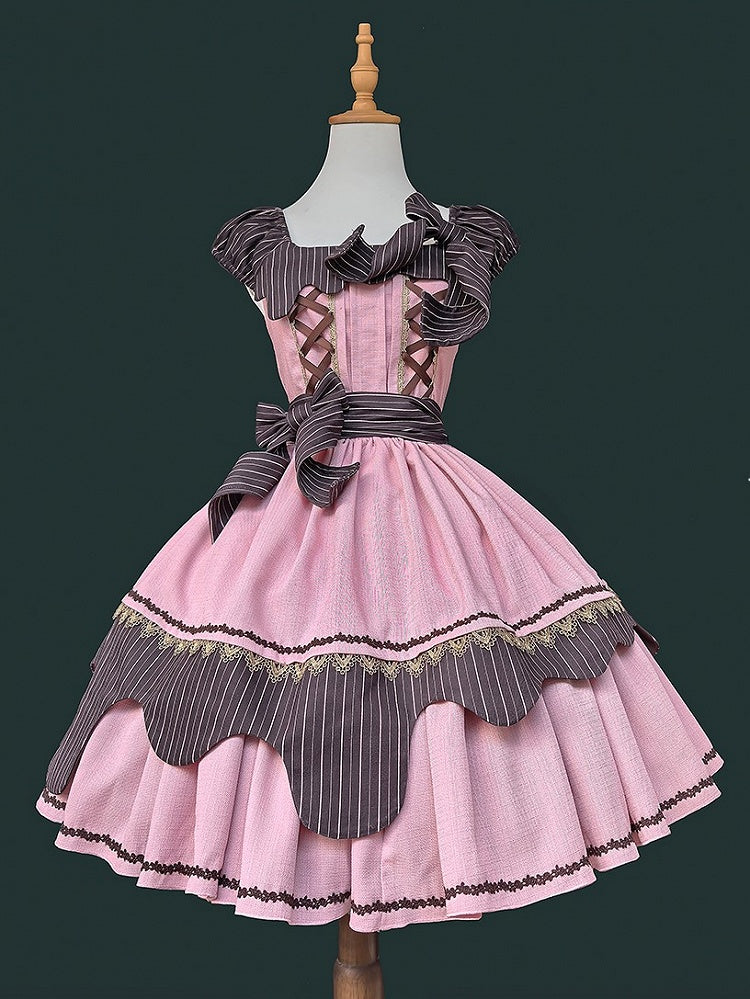 Pink Striped Square Details Sweet with Dress Bow Brown Neckline Lolita