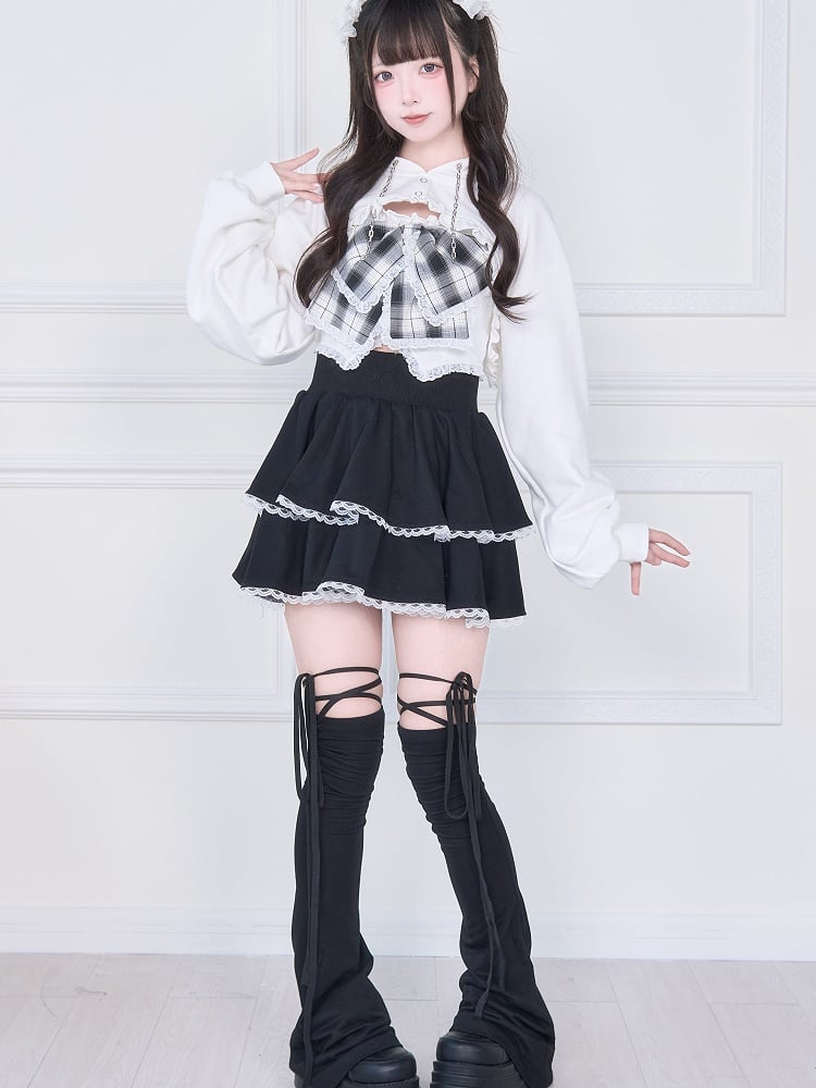 Bow White Tank Cropped Hoodie with Kei Open-Bust Two-Piece Set: Oversized Jirai Plaid