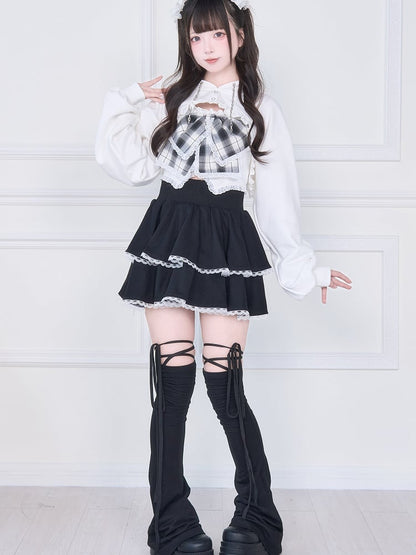 Bow White Tank Cropped Hoodie with Kei Open-Bust Two-Piece Set: Oversized Jirai Plaid