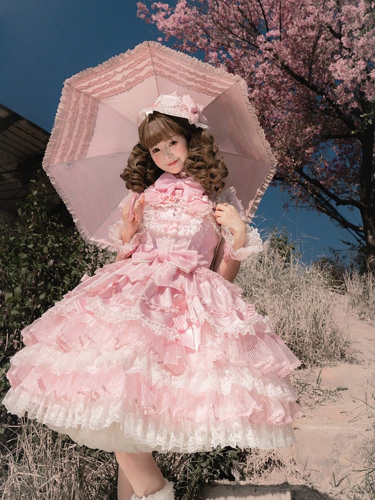 ピンクのプリンセスレイヤードフリルドレス、取り外し可能なパフスリーブ付きスイートロリータジャンパースカート