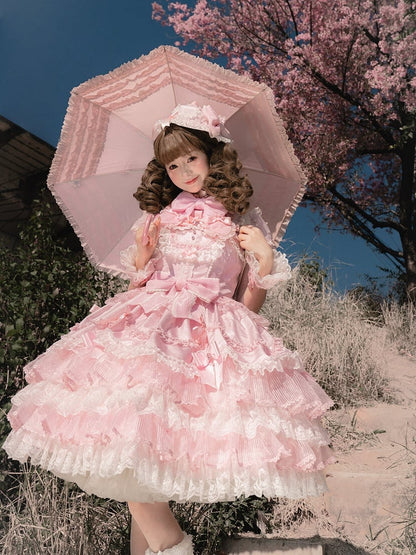 ピンクのプリンセスレイヤードフリルドレス、取り外し可能なパフスリーブ付きスイートロリータジャンパースカート