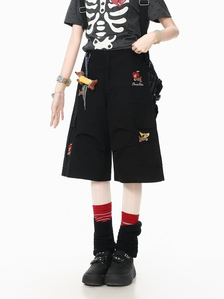 Black Cropped Cargo Shorts with Puppy Embroidery - Languid Park