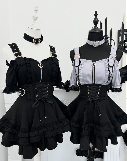 Tiered Skirt Black and Jirai Kei Heart Buckles Lace-up Front Back