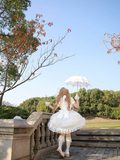 Lolita Accents Ruffle Skirt with Princess Layered Silver Dress White JSK and Bow