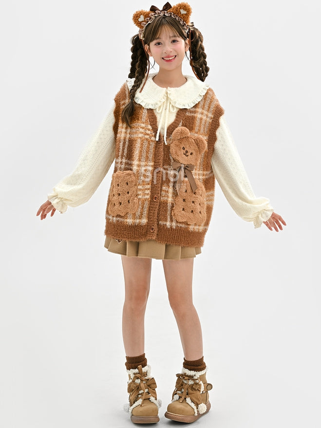 Brown Cute Cookie Bear Adorned Plaid Vest