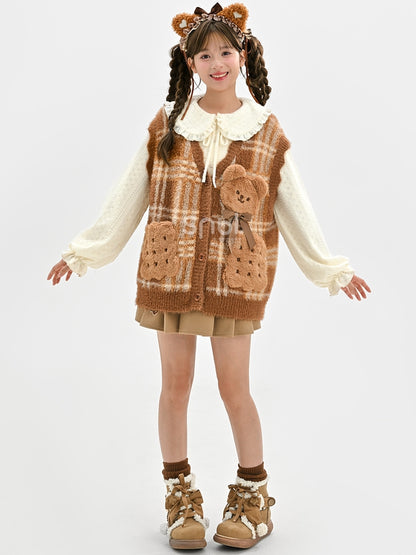 Brown Cute Cookie Bear Adorned Plaid Vest