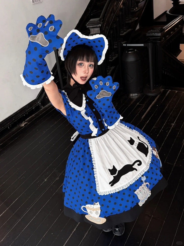 Dark Blue & Black Polka Dot Lolita Dress Set with Cat Theme Design - Rock Candy Box