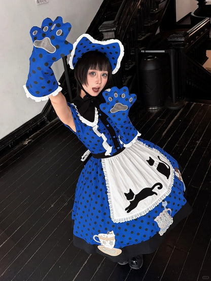 Dark Blue & Black Polka Dot Lolita Dress Set with Cat Theme Design - Rock Candy Box