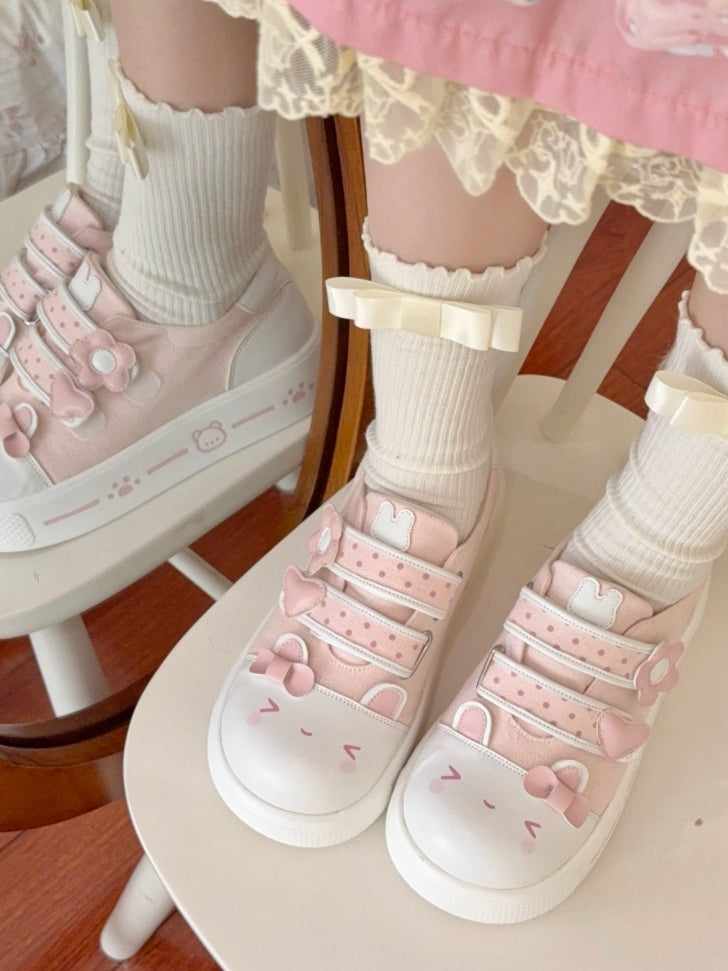 Print Sneakers Rabbit Heel with Dot Platform Paw Straps Bear Kawaii Motif Pink -
