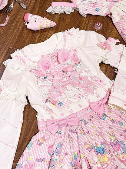 and Pink Sweet Lolita Bunny Print Dress Overall White Cupcake