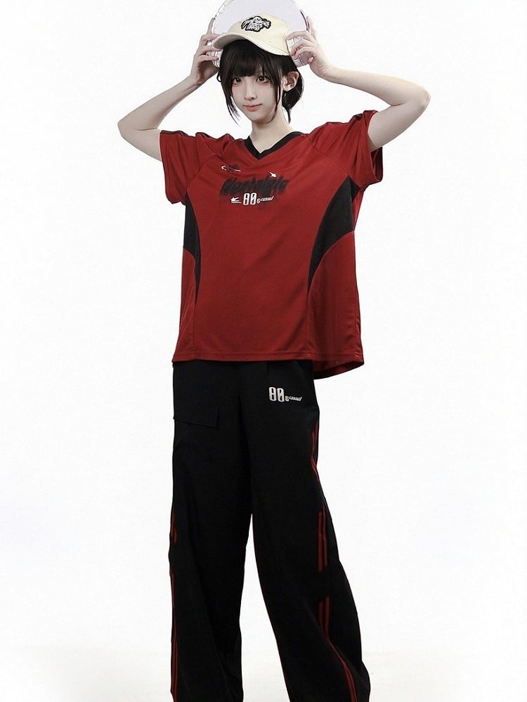 Athletic Black Cargo Straight Pants with Red Stripe - PINK SAVIOR