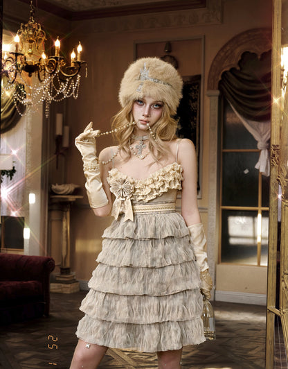 Hem High-Waist Dress Rosette Print Brown Leopard with Spaghetti Tiered and Light Retro Party